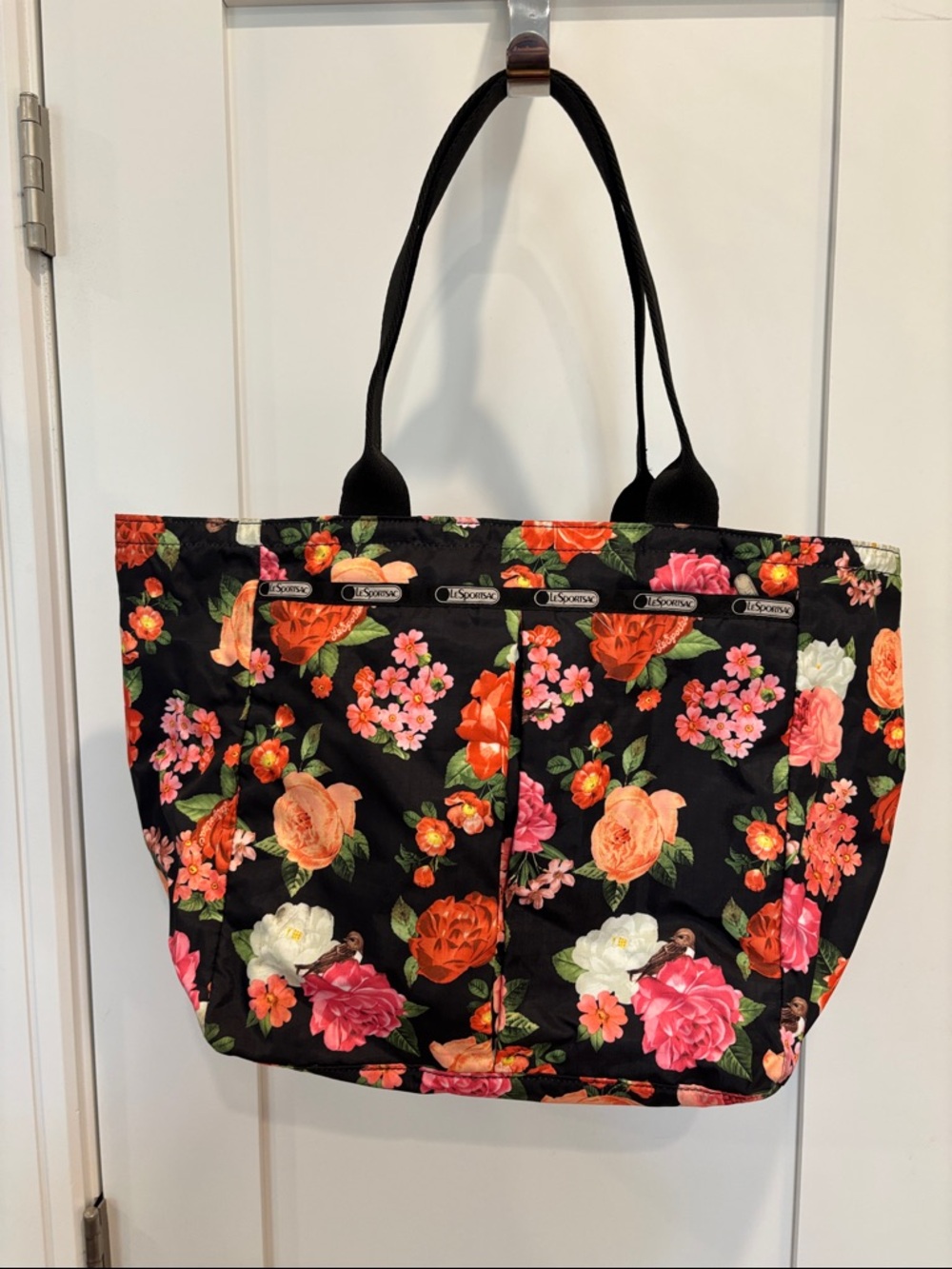 Vintage LeSportsac tote, red/orange floral on black background